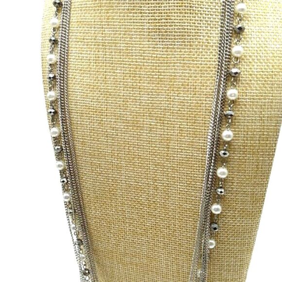 Faux Pearl Crystal Necklace Beaded Multi-Strand Layered Tassel Silver-tone Chain - Picture 5 of 16